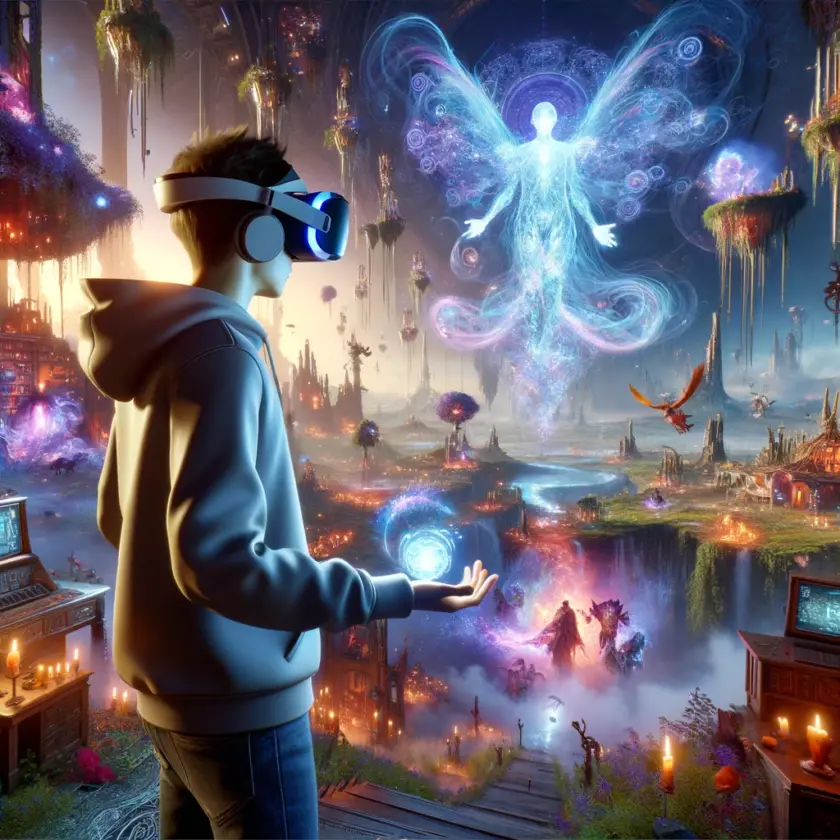 A gamer donned in VR gear at ZEMPIRE.COM, standing in a vividly detailed, AI-generated fantasy world that dynamically adapts and evolves. Vivid environment.