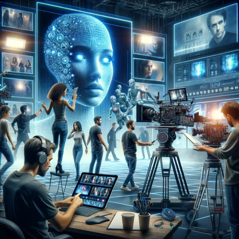 A dynamic film set where AI technology assists in directing and producing a drama.